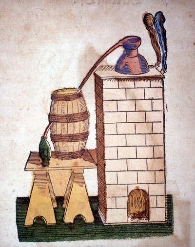 Alchemie: apparaat voor distillatie. Gravure uit een boek van Pietro Andrea Mattioli (Matthiole) (1500-1577). Frankfurt door Unknown artist