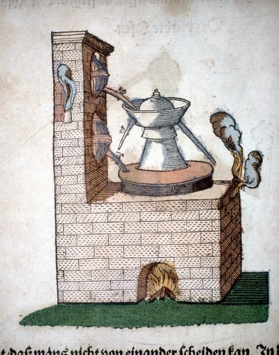Alchemie: apparaat voor distillatie, uit een boek van Pietro Andrea Mattioli (Matthiole) (1500-1577). Frankfurt door Unknown artist