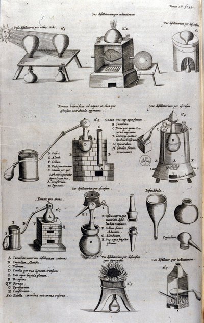 Alchemie: bord dat verschillende modellen van distillatieapparatuur en alambieken voorstelt. Athanase Kircher (1602-1680), Duitse jezuïet. 17e eeuwse gravure door Unknown artist