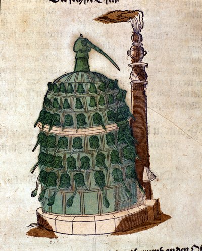 Alchemie: de Athanor oven, gravure uit een boek van Pietro Andrea Mattioli (Matthiole) (1500-1577). Frankfurt door Unknown artist