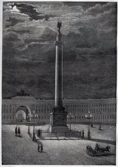 Alexanderzuil in Sint-Petersburg, Rusland - gravure uit 1870 door Unknown artist