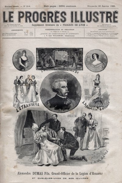 Alexandre Dumas Jr. - Groot Officier van het Legioen van Eer en enkele van zijn werken - gravure in 