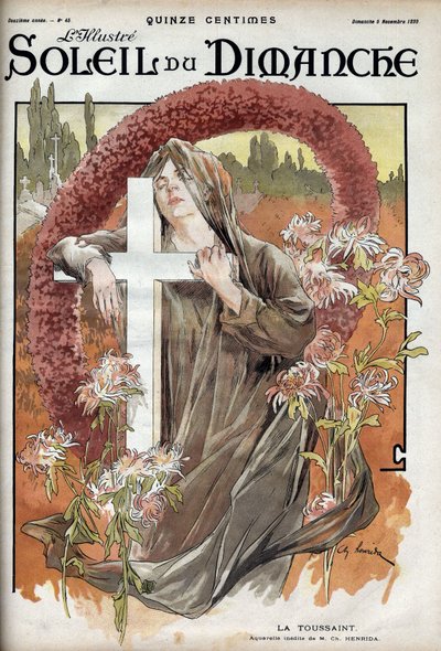 Allerheiligen. Allegorie van het dodenfeest met een vrouw in rouwkleding op een katholiek kruis in een kerkhof. Gravure in 