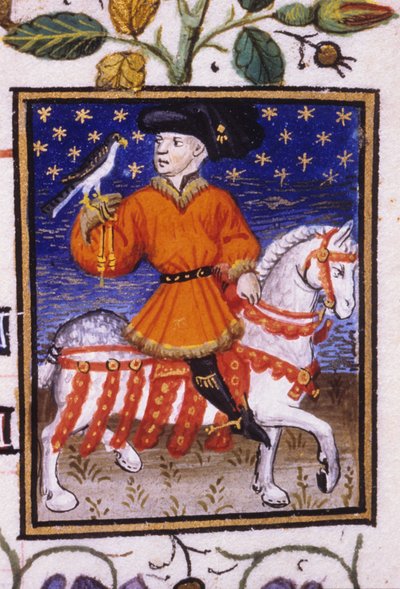 Allegorische voorstelling van mei. Een jonge heer met een kousenband die een valk vasthoudt. Miniatuur van een 14e-eeuws manuscript. door Unknown artist