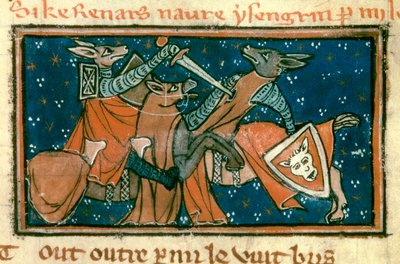 Allegorie over de samenleving van de Middeleeuwen: Vos verwondt Isengrin in enkelvoudig gevecht door Unknown artist