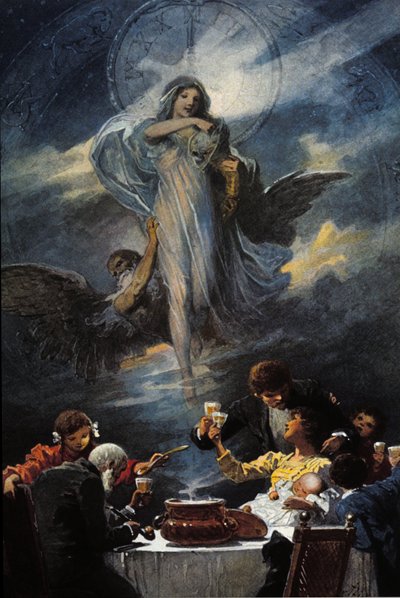 Allegorie van kerstavond en oudejaarsavond diner. 1889 door Unknown artist
