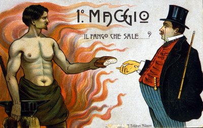 Allegorie van klassenstrijd: 1 mei: modder stijgt, een arbeider biedt brood aan een bourgeois. 1898 door Unknown artist
