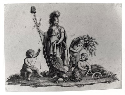 Allegorie van de Cisalpijnse Republiek (Cisalpina) opgericht door Napoleon Bonaparte op 27/06/1797 naar Frans model in Italië, die in 1802 de Italiaanse Republiek werd. De symbolen van de Franse Republiek zijn vertegenwoordigd. Gravure Museo del risorgimen door Unknown artist