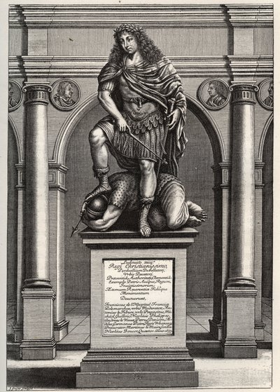 Allegorie die koning Lodewijk XIV (1638-1715) voorstelt terwijl hij zijn vijanden verplettert. Gravure door J. Frosne uit 1653. Privécollectie. door Unknown artist