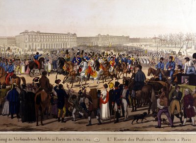 Geallieerden trokken Parijs binnen op 31 maart 1814 (Rusland Alexander I, de Oostenrijkse keizer Frans Jozef I en de Pruisische koning Frederik Willem III.) 19e-eeuwse gravure door Unknown artist