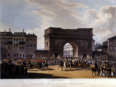 Geallieerden trokken Parijs binnen op 31 maart 1814 (Rusland Alexander I, de Oostenrijkse keizer Francois I en de Pruisische koning Frederik Willem III.) gravure uit 1826 door Unknown artist