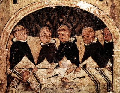 Altaarstuk van het leven van Sint Dominicus van Guzman, oprichter van de Dominicaanse Orde: groep Dominicaanse monniken aan tafel door Unknown artist
