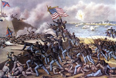Amerikaanse Burgeroorlog (1861 - 1865): aanval op Fort Wagner op Jekyll Island bij Georgia door 2000 zwarte vrijwilligers in juli 1863. Gravure uit de 19e eeuw. door Unknown artist
