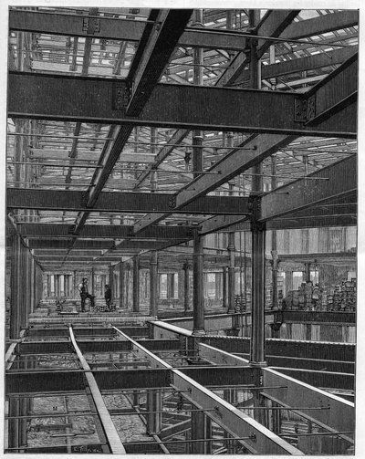 Amerikaanse ijzeren frameconstructies - het frame van het Palace Hotel in Denver Colorado - gravure in 