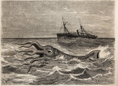 Een 18-voet gigantische octopus (of inktvis), gezien in de oceaan veertig mijl van Tenerife (Spanje), door de bemanning van de Alecton, een stoomboot onder bevel van de verteller. Gravure ter illustratie van de reis naar Frans-Guyana in 1862-1863, door Fr door Unknown artist