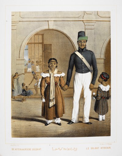 Een Afrikaanse soldaat met zijn gezin. Inwoners van Indonesië. door Unknown artist