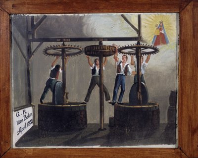 Een ongeluk bij de olijfoliepers - ex-voto van Notre Dame de Laghet door Unknown artist