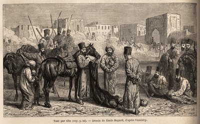 Een accountant van de Khan ontvangt de levering van de hoofden van vijanden en gijzelaars door Unknown artist