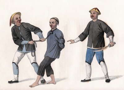 Een beschuldigde wordt naar de gevangenis gebracht, vastgebonden met een ketting om zijn nek. Gravure, in 