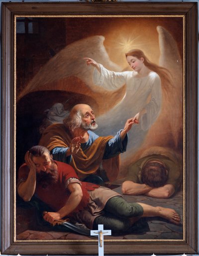 Een engel bevrijdt Sint-Pieter uit de gevangenis, getekend door F. Devigne (?) door Unknown artist