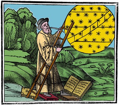 Een astronoom die een ladder plaatst om in de hemel te klimmen door Unknown artist