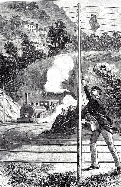 Een gravure die een treinwerker uitbeeldt die een noodsignaal verzendt op een spoorwegtelegraaf door Unknown artist
