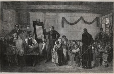 Een examen sessie op een Zwitserse school - gravure in 