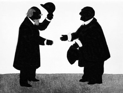 Een ingebeeld ontmoeting tussen Eduard Hanslick (1825 - 1904), Oostenrijkse musicoloog en componist Anton Bruckner (1824 - 1896). Chinese schaduw door Unknown artist