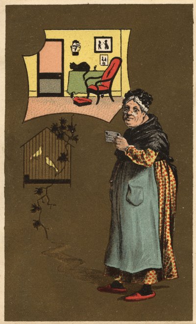 Een oude vrouw die een kopje vasthoudt bij een kooi met vogels door Unknown artist