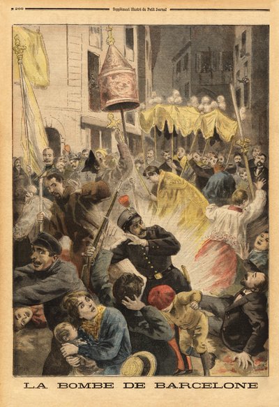 Anarchistische aanslag in Barcelona, bomexplosie in de processie die de kerk van Santa Maria verlaat, straat nuevos cambios. Gravure in 