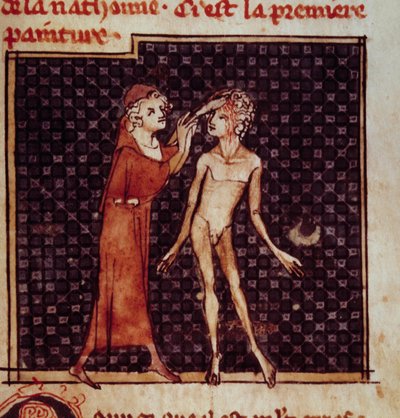 Anatomische figuur: De chirurg snijdt het voorhoofd van een patiënt in. Miniatuur uit het manuscript 