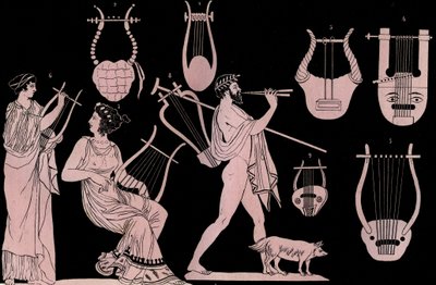 Oud-Grieks muziekinstrument: Lier en Cithara - gravure uit Usi e Costumi di Tutti i Popoli dell