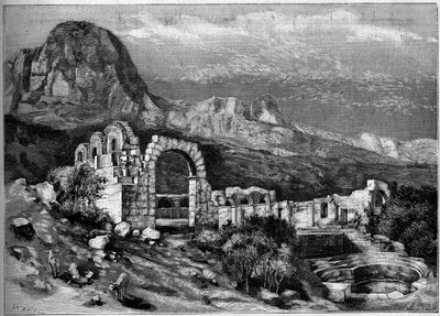 Oude architectuur: ruïnes van de Romeinse tempel van Zaghouan (Tunesië). Gravure door Riugel in "The Illustrous World" nr. 1308 van 22 april 1882. door Unknown artist