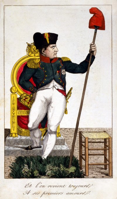 En we keren altijd terug naar zijn eerste liefde, een karikatuur over Napoleon I die de macht overneemt in 1815 (Episode van Honderd Dagen) door Unknown artist