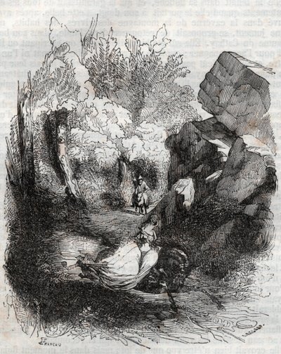 Angelique (Angelica) vlucht voor de oude kluizenaar - gravure van 1851 uit 