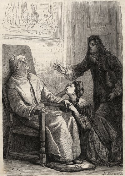 Angelique knielt voor haar vader die ze dood waant - gravure voor Jean Baptiste Poquelin alias Moliere (1622-1673) (De ingebeelde zieke) door Unknown artist