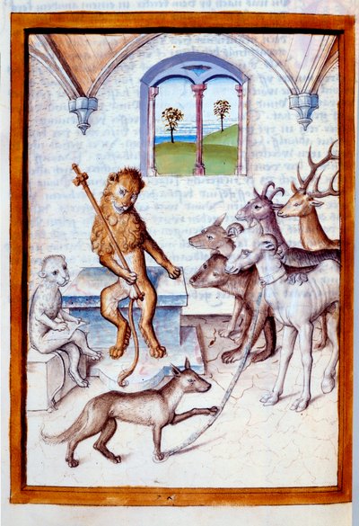 Dieren in de houding van mensen: De leeuw, koning der dieren, geeft bevelen aan geiten, herten en een hert helpt een katachtige in de houding van een schrijver door Unknown artist