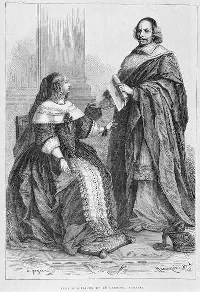 Anna van Oostenrijk en kardinaal Jules Mazarin (Giulio Raimondo Mazzarino of Mazarino) (1602-1661) - Grav., in Histoire de France van de vroegste tijden tot 1789 door M. Guizot door Unknown artist