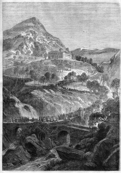 Jaarlijkse pelgrimstocht van 21 maart naar het klooster van St. Benedictus op de berg Cavo (Colli Albani) nabij Rome - Gravure uit 1868 door Unknown artist