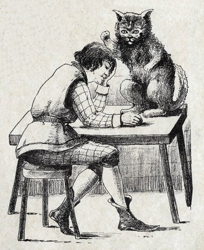 Anonieme illustratie voor "De gelaarsde kat", sprookje door Charles Perrault (1628-1703), Franse schrijver. Beeld Marcel Vagne, Jarville Nancy, ongedateerd (eind 19e eeuw). door Unknown artist