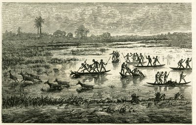 Antilopenjacht, jaarlijkse jacht tijdens migratie, antilopen vertraagd in het rivierwater worden afgeslacht door Marutse krijgers, die hen achtervolgen in evenwicht op kano