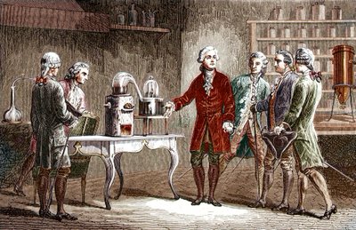 Antoine Laurent Lavoisier (1743-1894) voert de ontleding van lucht uit in 1776 - Antoine Laurent Lavoisier Engelse chemicus, toont collega-wetenschappers zijn experiment dat de samenstelling van lucht onthulde in 1776 - Gravure van Louis Figuier door Unknown artist