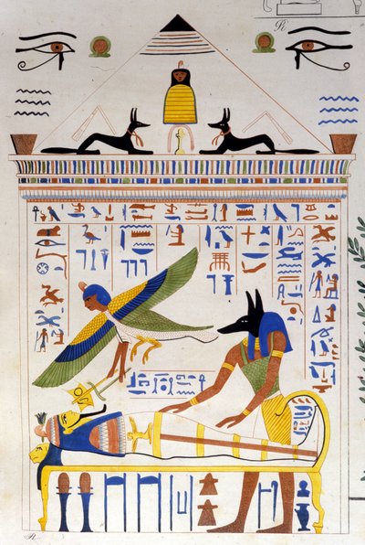 Anubis zorgt voor de mummie terwijl de ziel van de overledene vliegt voor transmigratie - in “Monumenten van Egypte en Boven-Nubië” door Ippolito Rosellini door Unknown artist