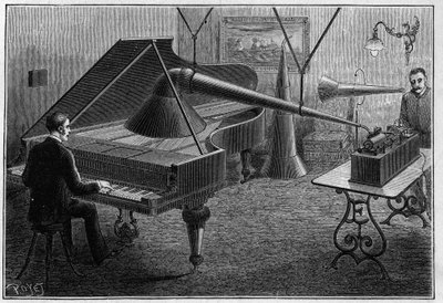 Apparaat voor het opnemen van een pianostuk door de fonograaf, een uitvinding van Thomas Alva Edison (1847-1931). Gravure in 