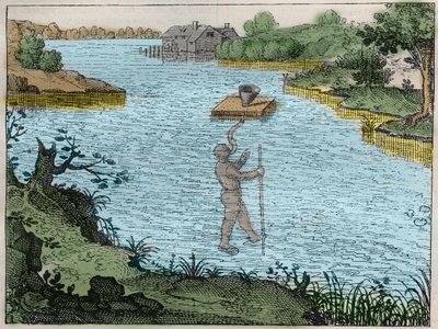 Apparaat om duikers onder water te laten ademen - Een methode die door de ouden werd gebruikt om rivieren over te steken gravure in 