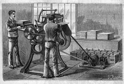 Toepassing van Faure-batterijen: printer aangedreven door de accumulator. Gravure in 