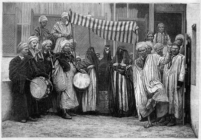 Arabisch gebruik in Egypte: Bruidsstoet in Caïro. Gravure in Le Monde Illustré door Unknown artist