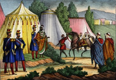 Arabische leider biedt een paard aan een officier van het Franse leger van Afrika, Algerije door Unknown artist