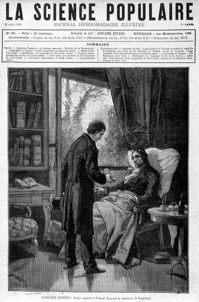 Arago brengt aan de stervende Augustin Fresnel de medaille van Benjamin Thompson Graaf van Rumford - in "Populaire Wetenschap" van 19/08/1880 door Unknown artist
