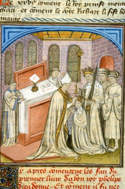 Aartsbisschop kroont Philippe Auguste in 1179 - Verluchting uit de Middeleeuwen (ref. 512, 226r) Vraag toestemming aan de Gemeentelijke Bibliotheek van Toulouse (tel: 05 62 27 66 66) door Unknown artist